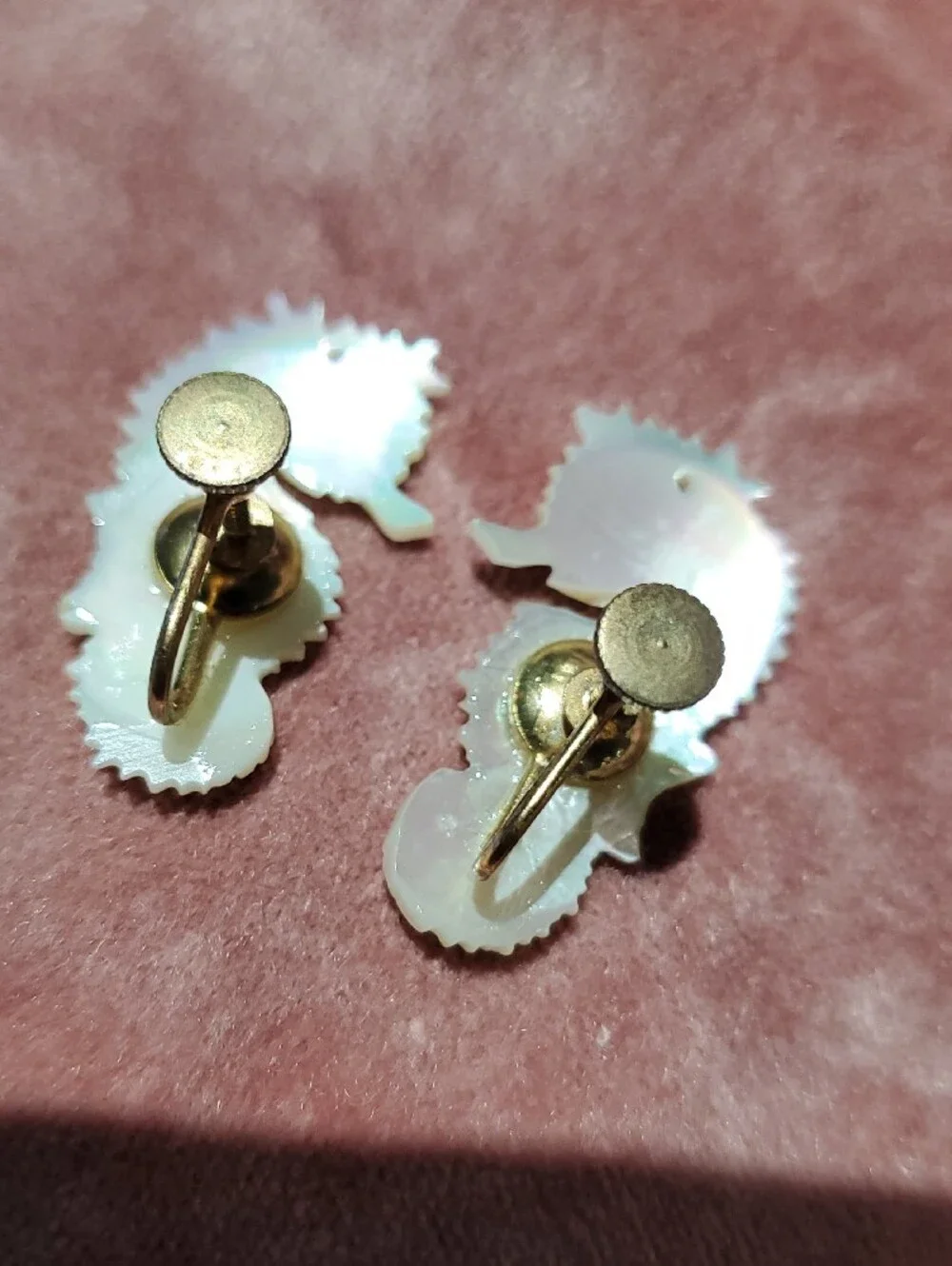 Vintage Iridescent Seahorse Earrings  Pearl Opal MOP Sheen Ocean Screw Backs MAR